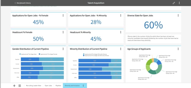 Diversity and inclusion storyboard pages of the Talent Acquisition Storyboard showing percentages of male and female, minority applicants for open jobs. 